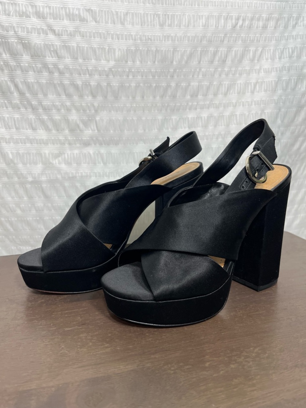 SCHUTZ Millie Black Satin Platform Block Heel Slingbacks size 7